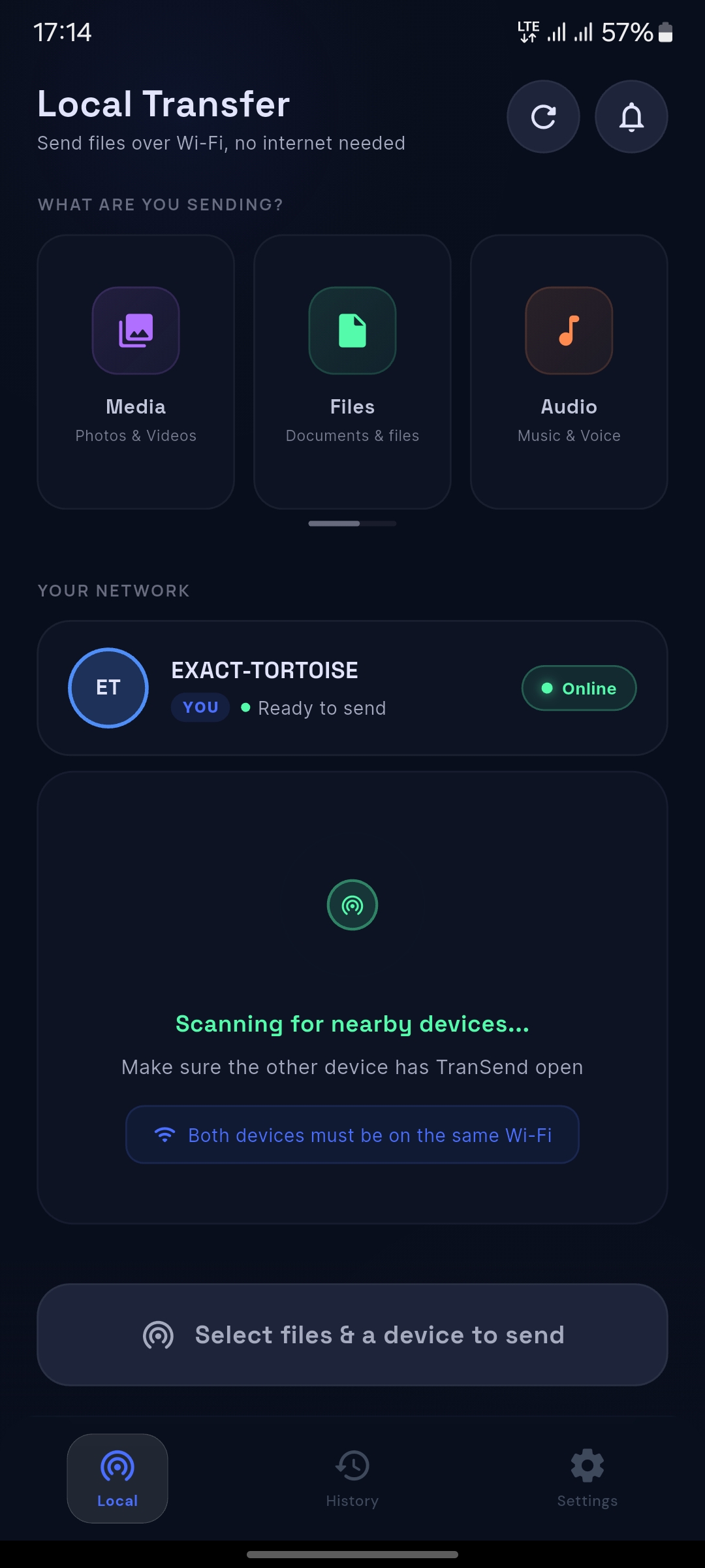 TranSend Local screen on Android
