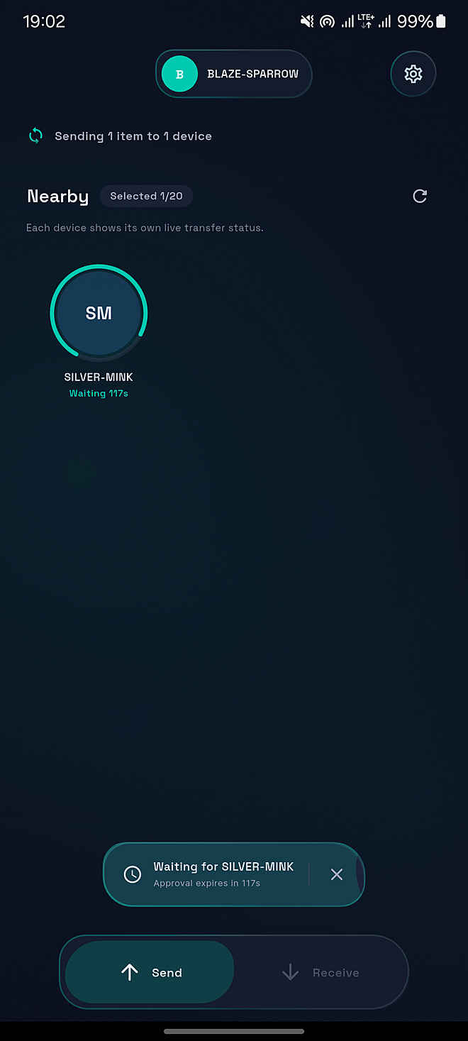 TranSend on Android, sending to a nearby device